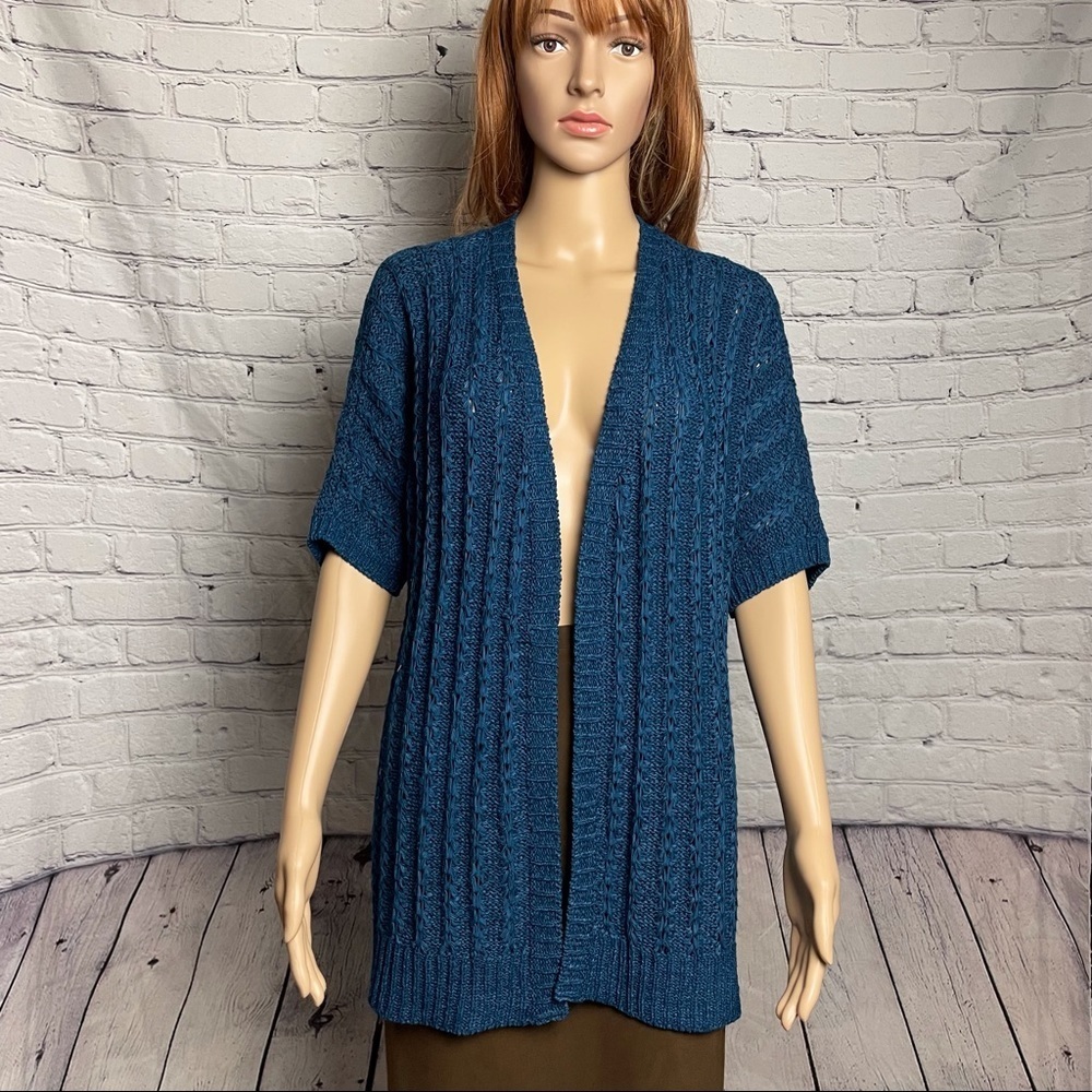 Chico's Blue Open Front Short Sleeve Knit Cardigan Size 2 US M